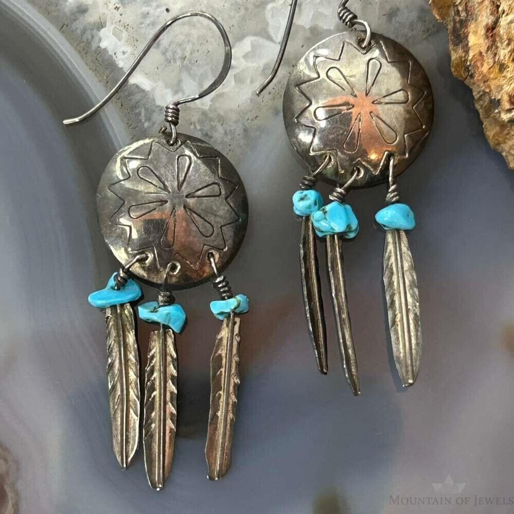 Vintage Native American Silver Turquoise w/Feather Dangle Earrings For Women - Picture 6 of 10